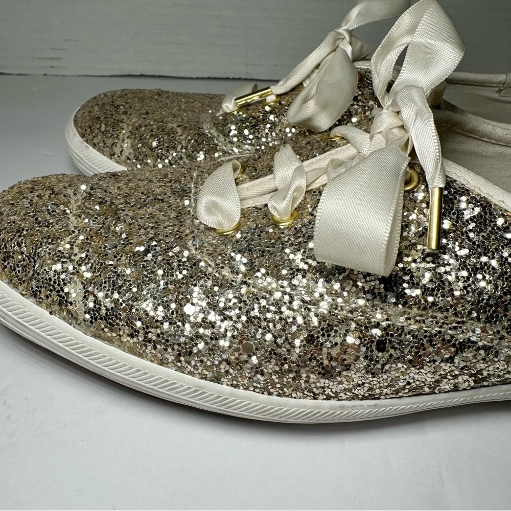 Keds X Kate Spade New York Gold Glitter Cream Satin Lace Up Sneakers- Size 8.5/9